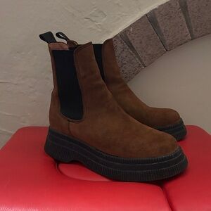 Ganni Brown Suede Chelsea Platform Booties